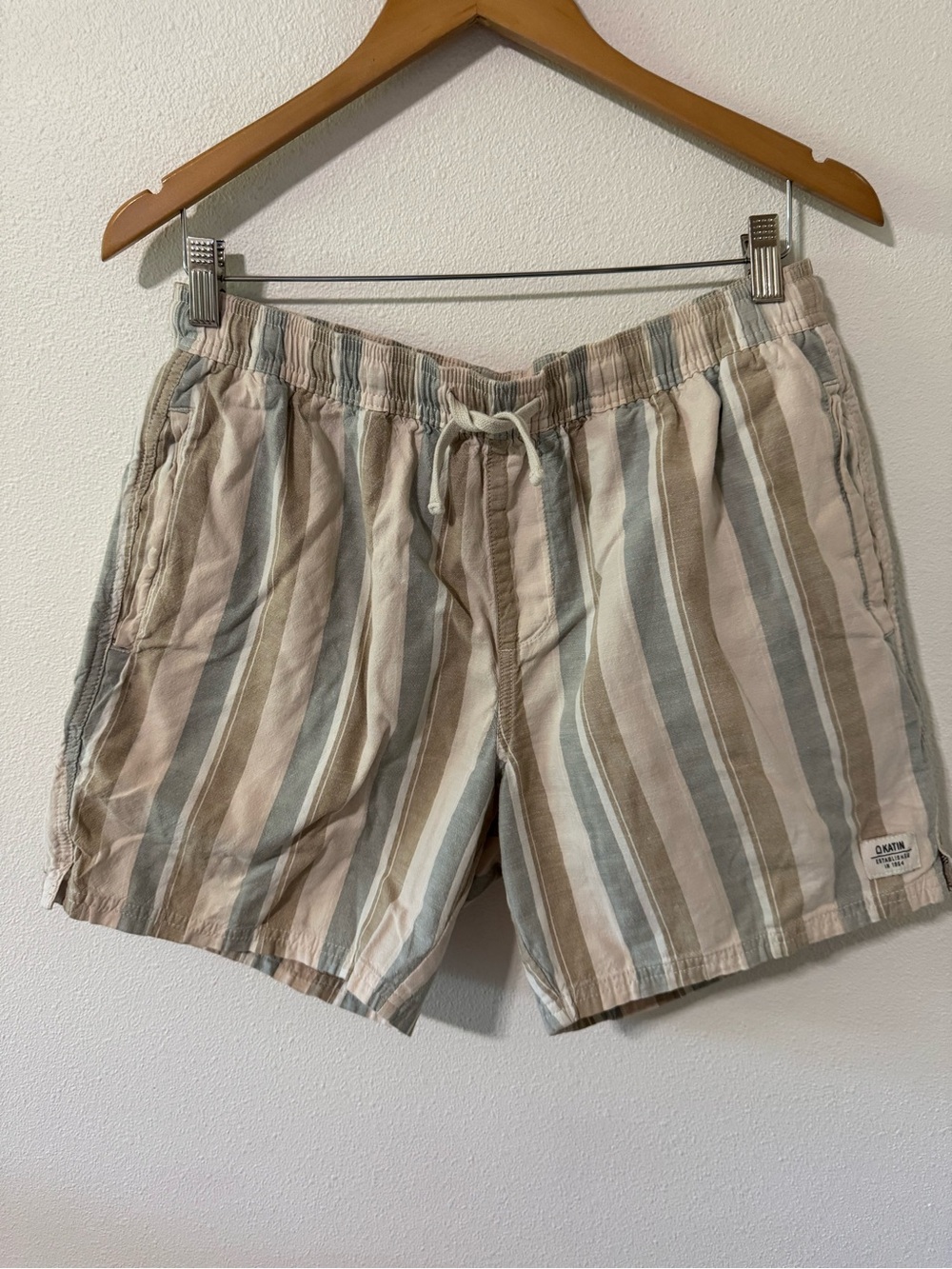 Katin Kenwood Linen Short Tan Gray Stripe Drawstring Pockets Coastal-Large